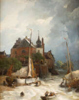 Strandbild Vor Einer Stadt Mit Altem Turm Und Festungswall