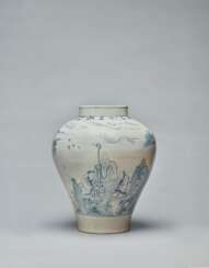 A BLUE AND WHITE PORCELAIN JAR WITH THREE WORTHIES PLAYING W...