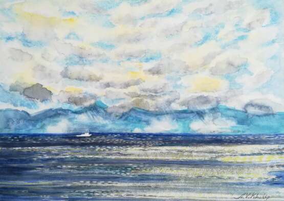Drawing “Blind rain over Lake Baikal”, Paper, Watercolor, Realist, Landscape painting, 2019 - photo 1