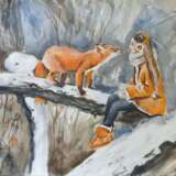 Drawing “Girl and fox”, Paper, Watercolor, Romanticism, Landscape painting, 2019 - photo 1