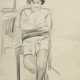 Unbekannter Künstler des 20.Jh. "Sitzende Frau mit Strapsen", Kohle, u.r. unleserlich sign., in silberner Hohlkehle (Alterspatina), 31,2x22cm (m.R. 53,7x42,3cm), knickspurig, min. fleckig - photo 1
