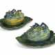 TWO DUTCH DELFT POLYCHROME MELON-FORM BOXES AND COVERS AND LEAF-FORM STANDS - фото 1