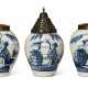 FIVE DUTCH DELFT BLUE AND WHITE TOBACCO JARS WITH BRASS COVERS - фото 1