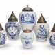 SIX DUTCH DELFT BLUE AND WHITE TOBACCO JARS WITH BRASS COVERS - photo 1