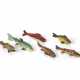 A GROUP OF SIX CARVED AND PAINTED WOOD, METAL, LEATHER AND GLASS FISH DECOYS - Foto 1