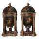 A PAIR OF GEORGE III STYLE BLACK AND GILT-JAPANNED CUTLERY URNS - фото 1