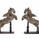 A PAIR OF CARVED, SILVERED AND PAINTED WOOD FIGURES OF RAMPANT HORSES - фото 1