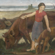 Schrimpf, Georg (1889 München-1938 Berlin) Umkreis "Bäuerin mit ihren Kühen auf der Weide", Öl/ Pappe, unsign., 79x120 cm, Rahmen - photo 1