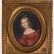 Miniatur "Porträt einer jungen Dame im roten Kleid", Anfang 19. Jh., feine Ölmalerei auf Beinplatte, oval, im Rahmen mit reliefiertem Messing-Blech, ges. 13x11 cm - фото 1