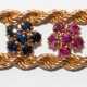 Armband, 585er RG, zwischen Kordelbändern je 7 Blüten aus Rubinen, Saphiren und Smaragden (1 Stein fehlt) angeordnet, Steckschloß mit Sicherheitsacht, ges. 24,7 g, L. 19 cm, B. 1,2 cm - фото 1