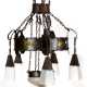 Jugendstil-Deckenlampe, Eisen, bronziert, 6-flammig, mit originalen Glasschirmen, modern elektrifiziert, 1 Glasschirm def., H. ca. 125 cm, Dm. ca. 65 cm - фото 1