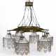 Jugendstil-Deckenlampe, Messing, 6 Glasschirme mit anhängenden Glasstäben und -kugeln, H. ca. 70 cm, Dm. ca. 85 cm - photo 1