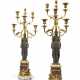 A PAIR OF LATE LOUIS XVI GILT AND PATINATED-BRONZE, WHITE MARBLE AND ROUGE GRIOTTE FIVE-BRANCH CANDELABRA - фото 1