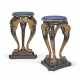 A PAIR OF GILT AND PATINATED METAL, FAUX LAPIS LAZULI-PAINTED TRIPOD PEDESTALS - photo 1