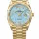 ROLEX. A RARE AND HIGHLY ATTRACTIVE 18K GOLD AND DIAMOND-SET AUTOMATIC WRISTWATCH WITH SWEEP CENTRE SECONDS, DAY, DATE, TURQUOISE DIAL AND BRACELET - фото 1