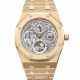 AUDEMARS PIGUET. A RARE AND HIGHLY ATTRACTIVE 18K PINK GOLD AUTOMATIC SKELETONIZED PERPETUAL CALENDAR WRISTWATCH WITH MOON PHASES, LEAP YEAR INDICATION AND BRACELET - фото 1