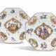PAIR OF OCTOGONAL PORCELAIN PLATES WITH WATTEAU SCENES AND FLOWER PAINTINGS - photo 1