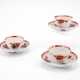 THREE PAIRS OF PORCELAIN TEA BOWLS WITH SAUCERS AND IRON RED KAKIEMON DECOR WITH DECOR PAINTED BLUE UNDER GLAZE - фото 1