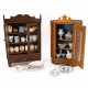TWO MINIATURE CUPBOARDS WITH ALL KINDS OF TABLEWARE MADE OF WOOD, GLASS, METAL, RED CERAMIC AND PORCELAIN - photo 1