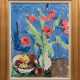 "Stilleben mit Tulpen in Vase und Obstschale", Öl/ Lw., undeutl. sign. o.l., 66x50 cm, Rahmen - Foto 1