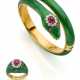 Cabochon ruby, diamond and green guilloché enamel… - photo 1