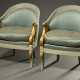 Paar halbrunde Sessel im Empire Stil mit Volutenlehnen, Frankreich um 1900, gold-türkis gefasst, H. 48/79cm, berieben, etwas defekt - photo 1