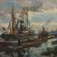 Dekkert, Eugene (1865-1956) "Verladekai Stettiner Hafen", Öl/Malpappe, u.r. sign., verso bez., 35,5x50cm (m.R. 44,5x59,5cm) - Foto 1