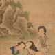 Chinesisches Rollbild "Vier Damen mit Blumenkörben in Landschaft", farbige Tusche auf Papier auf Seide montiert, rechts Inschrift und Siegel, 19.Jh., 110x29,5cm, Knicke - фото 1