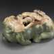 A LARGE SPINACH-GREEN AND OPAQUE MILKY BROWN JADE FIGURE OF MYTHICAL BEAST - фото 1