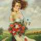 Maler des 20. Jh. ''Junge Dame mit Mohnblumen'', Bildnis vor… - Foto 1