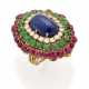 Cabochon ct. 19.00 circa sapphire, emerald, ruby and diamond yellow gold ring convertible into a brooch, diamonds in all ct. 1.90 circa, g 38.06 circa, length cm 3.9 circa size 11/51. Marked 1647 AL. (slight defects) - Foto 1