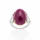 PEDERZANI | Cabochon ct. 29.80 ruby and triangular diamond yellow gold and platinum ring, diamonds in all ct. 2.50 circa, g 14.10 circa size 13/53. Signed and marked Pederzani, 1311 MI and with ruby carat weight. | | Appended short report CISGEM n. - Foto 1