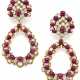 BOUCHERON | Round and baguette diamond, cabochon ruby and yellow gold earrings with removable pendants, diamonds in all ct. 13.40 circa, rubies in all ct. 35.00 circa, g 57.21 circa, length cm 8 circa. Signed and marked Boucheron, French assay and g - photo 1