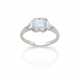 Octagonal ct. 1.51 light fancy greenish blue diamond white gold ring accented with two lateral triangular shaped diamonds, in all ct. 1.00 circa, g 3.26 circa size 13/53. | | Appended diamond report GIA n. 1152557162 09/02/2024, New York - photo 1