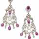 Old mine diamond, ruby and platinum pendant earrings, rubies in all ct. 6.00 circa, diamonds in all ct. 4.60 circa of which two ct. 0.90 circa pear diamonds, with previous fittings, in all g 25.71 circa, length cm 6.60 circa. - photo 1