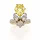 Pear shaped ct. 3.75 fancy vivid yellow diamond white gold ring accented with old mine diamonds, g 6.77 circa size 12/52. | | Appended diamond report GIA n. 2231235000 29/03/2024, New York - Foto 1