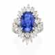 Oval ct. 11.50 circa sapphire, round and marquise diamond platinum ring, diamonds in all ct. 2.20 circa, g 13.78 circa size 17/57. | | Appended gemmological report CISGEM n. 27267 19/03/2024, Milano - Foto 1