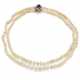 Two strand natural slightly irregular saltwater pearl graduated necklace accented with cabochon ct. 3.30 circa sapphire, diamond, yellow gold and silver clasp, mm 4.20 to mm 6.60 circa pearls, diamonds in all ct. 1.10 circa, g 33.40 circa, length cm - photo 1