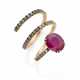 Oval ct. 2.60 circa ruby, brown diamond and pink gold snake shaped ring, diamonds in all ct. 1.40 circa, g 5.69 circa size 12/52. - фото 1