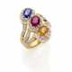 Ruby, blue and yellow sapphire and round diamond yellow gold ring, diamonds in all ct. 1.20 circa, g 10.38 circa size 20/60. - photo 1