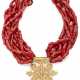 Red coral multi-strand necklace with a north african style yellow gold centerpiece and clasp, g 283.81 circa, length cm 49.50 circa. | This lot is appended with an expertise and may be subject to Import/Export restrictions due to CITES regulations in - Foto 1