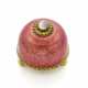 FABERGE' | Translucent opalescent pink guilloché enamel and yellow chiseled gold bell button accented with cabochon moonstone, gross g 73.00 circa, h cm 4.70, diam. cm 4.80 circa circa. Signed and marked Fabergé and KF in cyrillic, HW per Henrik Wigs - фото 1