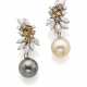 Fancy and colourless diamond white gold earrings holding two interchangeable pearls, mm 12.50 circa pearls, g 22.64 circa, length cm 3.9 circa. Marked 2741 AL and French import mark. - Foto 1