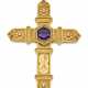 Hexagonal ct. 20.00 circa amethyst and rose cut diamond yellow gold cross, on the back a small compartment for relics, g 71.48 circa, length cm 15.20 circa. - фото 1