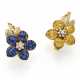 SABBADINI | Diamond, blue and yellow calibré sapphire flower shaped earrings, diamonds in all ct. 0.90 circa, g 20.02 circa, length cm 3.10 circa. Signed and marked Sabbadini, 963 MI. (losses) - Foto 1