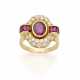 Oval ct. 1.80 circa ruby, diamond and calibré ruby yellow gold ring, diamonds in all ct. 1.00 circa, g 7.60 circa size 15/55. - фото 1