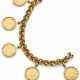 Yellow gold striped link bracelet holding five coin charms, g 72.66 circa, length cm 19.0 circa. Marked 14 MI. - фото 1