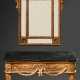 Zweiteilige opulente Louis XVI Konsole mit schwarzer Marmorplatte und passendem Spiegel, um 1760/1770, Holz geschnitzt und vergoldet, Konsole 80x86,5x45cm, Spiegel 100x62cm, Alterspuren, Fassung bestoßen - фото 1