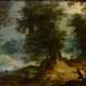 Unbekannter Künstler des 17./18.Jh. "Ideale Landschaft mit Jagdszene", Öl/Holz, mit Beleuchtung, 47x65cm (m.R. 65x82,5cm), rest., div. Defekte - фото 1