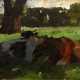 Herbst, Thomas (1848-1915) "Zwei liegende Kühe", Öl/Malpappe, verso Klebeetikett "Galerie Herold/Hbg.", WVZ 279, Impressionisten Rahmen (leicht berieben), 18x23,2cm (m.R. 33x39cm) - Foto 1
